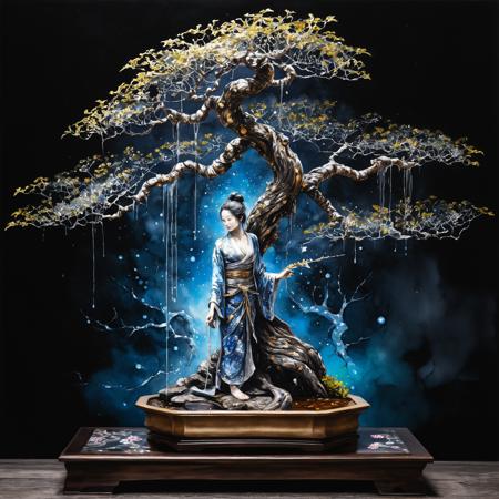 brocade cracked kintsugi artistic, wet watercolor painting of beautiful bonsai statue in the night, mesmerizing beauty, pretty features, iridescent, Luis Royo, Agnes Cecile, Ruan Jia, masterwork by head of prompt engineering