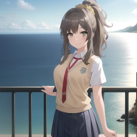 ((masterpiece)),(best quality),official art,extremely detailed CG,unity 8k wallpaper,ultra detailed,A lighthouse on a cliff by the sea,1girl,solo,cowboy shot,school_uniform,brown_hair,long_hair,scrunchie,looking_at_viewer,smile,pleated_skirt,hair_scrunchie,brown_eyes,white_shirt,hair_ornament,sweater_vest,red_necktie,high_ponytail,breasts,yellow_scrunchie,short_sleeves,white_socks,<lora:Futaba Rio(sby)>,