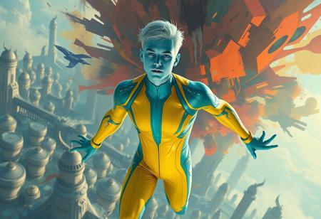 1boy, blue skinned, silver metallic short hair,  aged 30 (full body, facing camera, from below). Futuristic fashion, a golden yellow and teal  high tech bodysuit ,  it is form fitting with an open face design. the man has pale blue skin and is muscular and has an athletic  form , the hero is flying above a futuristic alien city that is very idyllic and made of numerous organic shaped buildings ,, the city behind him exploding into fractured shapes and vibrant brushstrokes. cinematic realism, modernist abstraction, vintage fashion, expressive color palette, fragmented composition, narrative surrealism, romantic noir, bold geometric forms, rhythmic patterns, textured brushwork, dreamlike tension, symbolic elements, 20th-century elegance, surreal backgrounds, abstract expression, stylized figures, visual dynamism, painterly contrast, emotional ambiguity, narrative experimentation