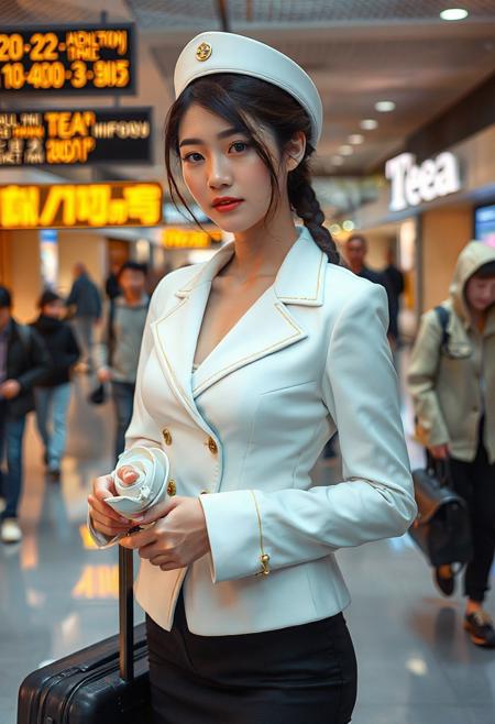 DSLR-style, glamorous, elegant 26-year-old Korean model, extremely pale skin with natural texture.  parted lips, ultra high-res  
<lora:NOOB_vp1_detailer_by_volnovik_v1:1>
barely visible pores, subtle skin texture variation, translucent skin tone, full body. 
A stylish individual, appearing to be a flight attendant due to their crisp white uniform featuring gold accents on the jacket cuffs and a matching peaked cap, stands in a modern, brightly lit indoor space, possibly a shopping mall or airport terminal. light-colored object in their hands, seemingly focused on it. A rolling suitcase stands beside them. The floor beneath them is a translucent material, revealing a lower level. In the background, several other people walk by, including a person in a dark jacket and jeans and another in a light-colored hooded jacket and pants. Signage with text and numbers is visible in the background, along with the illuminated sign of a tea shop. The overall atmosphere suggests a moment of pause in a busy public area. Capture the details of the uniform, the translucent floor, the various background figures, and the ambient lighting to create a realistic and engaging scene. Pay close attention to the textures of the clothing and the reflections on the floor.sexy female (asymmetrical braided hair), sexy face like she-ra, detailed face, perfect face, perfect eyes, thighs, pert ass, slender waist, tummy, crop top, very cute look on face, shy smile, alluring face, alluring gaze, cleavage