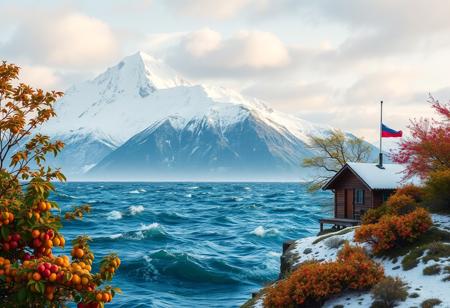 snow covered mountain ending in choppy sea, edge of land covered by fruit trees of various colors and a small brown cabin flying a red and blue flag.