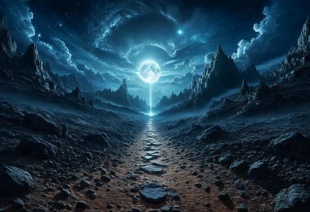 When the last moon is cast over the last star of morning
Then look into the sky where through the clouds a path is torn
Extraordinary Work, Surrealism Art, Psychedelic, Inscrutable, Mysterious, Thrilling, Dramatic, Dynamic, Fanciful, Supernatural, Soft Particles, Glare Effects, Depth of Field, Environment Occlusion, Tone Mapping, Wide range of colors, High Dynamic Range, Crystalline Clarity, (darkness:1.1), low angle, Rossdraws, Marc Simonetti, photorealistic digital painting, 
many details, extreme detailed,  Magnificent details, full of details, Sharp details, Insane quality. Insane resolution. Masterpiece. 32k resolution. ral-apoctvisn, ral-dissolve, zavy-rmlght,