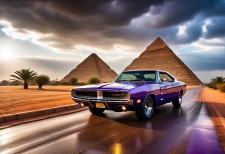 cinematic photo of dodge Charger 1968, magnificent three pyramids of Giza appear clearly, charm, highly detailed car, Professional lighting, full of life, Lively and energetic, 8K, rays of sun flow beyond heavy clouds, HDR, Fast & Furious movie, motion blur, moving tires, Cinematic Shot, Cinematic Lighting, amazing world, pure perfection, Need For Speed, wide angle exterior background, drifting, nebula horizon, wet asphalt road, autumn leaves, grass, lavender, jasmine flowers, palm tress.