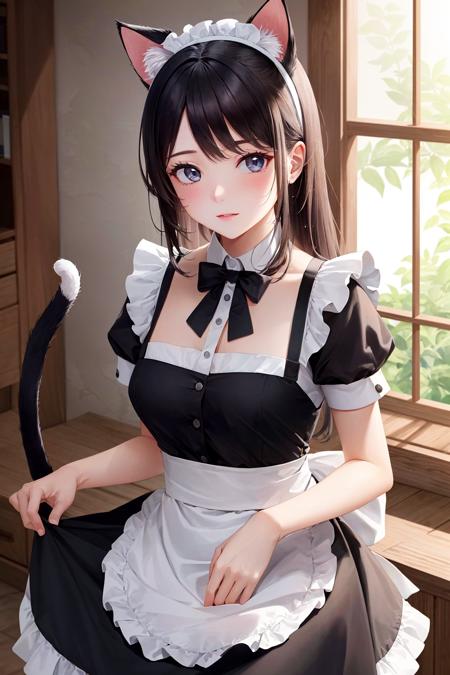 masterpiece, best quality, ultra-detailed, beautiful lighting, 1girl, cat ears, cat tail, maid