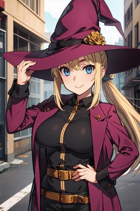 <lora:rance10:1>,highres,1girl,hat,blonde hair,solo,smile,witch hat,long hair,breasts,blue eyes,looking at viewer,large breasts,belt,ponytail,hand on hip,outdoor,street,