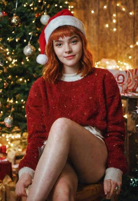 masterpiece 1girl, close up full body instagram portrait of a 18 y.o. teenager, pretty, charming sitting, east europe, slightly smile, pretty, beautiful (detailed face), shiny skin, after party, christmas tree, cinematic light, (cotton thigh high), red hair, bob cut, (christmas hat), Movie Still, Film Still, Cinematic, Cinematic Shot, Cinematic Lighting on face, few lentigo