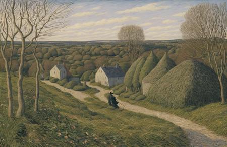 style of Henry Moret, thicket ,coppice ,garden ,parcel , Scrubland , scene painting,scenery,a painting,