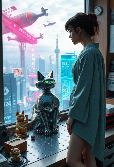 A highly detailed Shiny Metal Mechanical Robot Cat with glowing green blue eyes sits on a cluttered metal riveted desk next to a maneki neko statue and a small Nintendo , the robot cat is looking out to a floor to ceiling window that looks out over a futuristic cyberpunk Tokyo skyline with skyscrapers, holographic advertisements, futuristic airships covered with lights and advertisements in Japanese, a space elevator, (((a tall thin beautiful young woman, 22 years old, is standing next to the cat looking out at the city through the window))), The woman is dressed in an sexy ornate Japanese style bath robe, her lower legs are visible.  The woman's hair is messy from just waking up and tied up with a ribbon. Artistic cyberpunk, dynamic perspective, a translucent neon projection of a strip club bar advertisement displaying a partially dressed woman is visible on a nearby building,