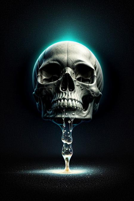 A close-up photorealistic image of a crystallic floating skull facing the viewer with its mouth open, pouring from it's mouth a shimmering liquid resembling the universe onto the ground, filled with rich stars and swirling galaxies. A simple void background enhances the dark atmosphere, shrouded in fog, capturing the hypnotic flow and shimmer of the cosmic liquid, from below view, close up view,