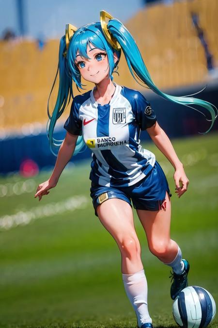 (extremely detailed CG unity 8k wallpaper), (best quality), (ultra-detailed), (best illustration), 1girl, detailed soccer stadium, outdoors, beautiful sunlight, soccer uniform, shorts, socks, soccer, (striped uniform),  green field,  solo focus, smiling, collarbone,  <lora:SonaV1:0.6>, sona \(league of legends\), long hair, blue hair, blue eyes, gradient hair, twintails, hair ornament, <lyco:alianzalima-10:0.8>, (long hair, long twintails)