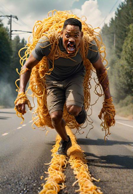 full body shot, Realistic photo of (Will Smith) (running on the road from a giant monster (made out of spaghetti)), scared face expression, high detail, 4k