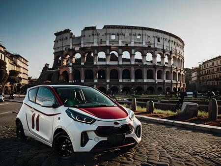 1(dr1 city car) (red, white and green colors:1.2) in Rome, Colosseo in the behind, masterpiece, best quality, highly detailed background, perfect lighting, best quality, 4k, 8k, ultra highres, raw photo in hdr, sharp focus, intricate texture, ultra masterpiece, high quality, dgtlv2 <lora:dr1citycar-000005:1>