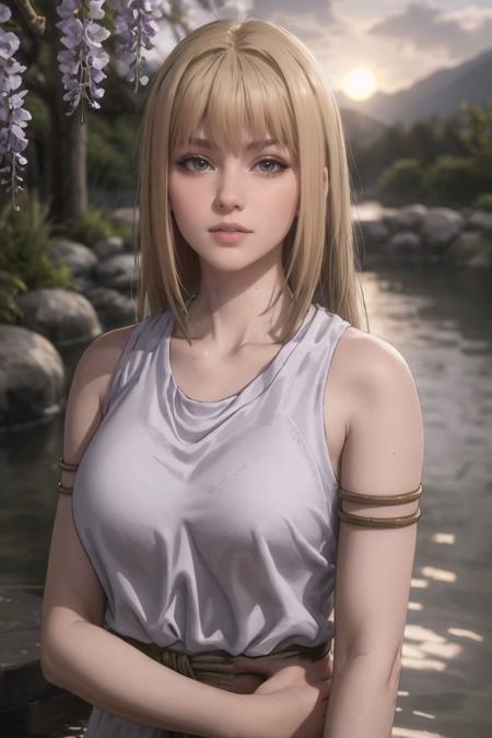 masterpiece, best quality, high quality, highres, wading,looking at viewer,solo,water, sunset, onsen, wisteria,moody lighting, BREAK,
ANIME_AttackOnTitan_YmirFritz_ownwaifu, www.ownwaifu.com, 
1girl, blonde hair, grey eyes, bangs, breasts, collarbone, hair over eyes, lips, long hair, medium breasts,  shaded face, 
shibari over clothes,  arm strap, armband, armlet, bare shoulders, grey dress, hair ornament, sleeveless, tank top, 
<lora:ANIME_AttackOnTitan_YmirFritz_ownwaifu-15:0.8>