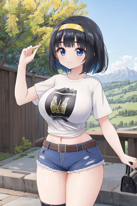 <lora:moralgear3-10:0.6>, 1girl, large breasts, smile, bob cut, black hair, blue eyes, mountain, outdoors, wide hips, t-shirt, short shorts, belt, headband