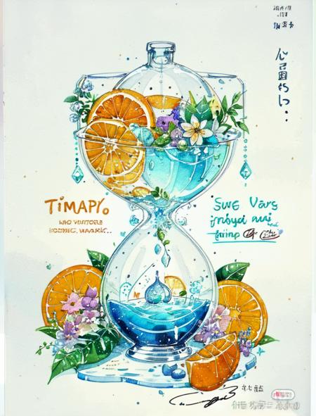 shalou, hourglass,  drink, drinking straw, food, fruit, ice, ice cream, ice cube, leaf, no humans, orange \(fruit\), signature, simple background, sparkle, watermark, white background, flower, water, english text, traditional media, plant, curtains, painting \(medium\), watercolor \(medium\), food focus, still life<lora:shalou:1>