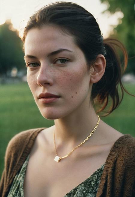 Grainy lowfi desaturated film photograph taken in a city park at dusk. Heavy Bokeh effect with focus on her green eyes, blurry background. A pretty young woman of northern Italian heritage wraps her brown cardigan around her bare shoulders. Goosebumps on a bare exposed shoulder. She wears the cardigan over a little summer sun dress and is chilly as the cool wind blows loose stands off her long black hair in her eyes. Tight ponytail. Delicate gold chain necklace. She resembles Liv Tyler. The setting sun casts soft light into her eyes. Full soft cheeks and softer jawline, soft face with the lightest freckles.