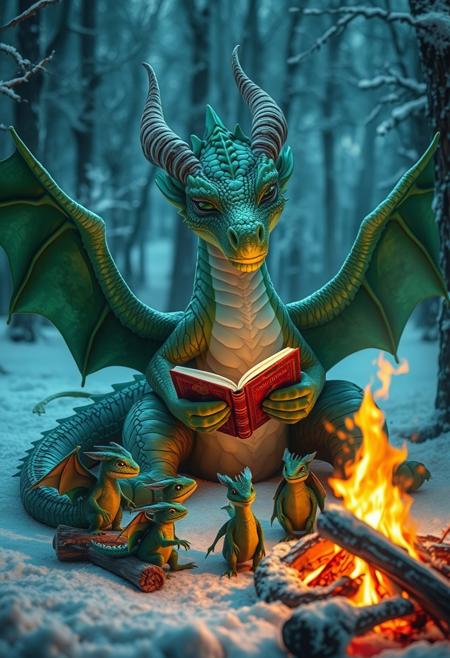 surreal VFX, big green dragon sitting by  a campfire and reading a book of fairy tales, sitting with a group of little green dragons with dark green wings seen under an electron scanning microscope, with details, snow, winter forest, vivid colors