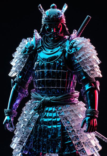 <cs-cr1stal-v2:1.5>, <novuschroma54 style:0.25>, a highly detailed model of (a samurai in raw crystal Ō-yoroi armor) made entirely of (translucent (crystals:1.15)), high contrast, vivid colours, radiant colours, (path traced lighting), (dappled_lighting:1.3), lighting from above, celestial bodies, (crystal clear), simple background, dark background, jagged edges,