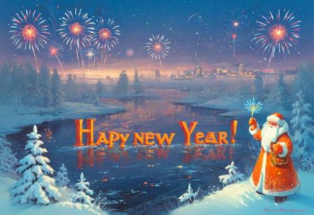 <lora:mgl_Soviet_New_Year_Postcards:0.9>, 100 spirits bottles, detailxl, soviet new year postcard, (s novym godom logo:1), winter, space, cosmic landscape, scifi, dusk, 
style of Peter Wileman, Alvaro Castagnet, jeremy mann, anders zorn, john harris, bob layzell, john berkey, shade of orange,inverted colors, there is no air to breathe, foggy and damp, lake, river, COLORFUL fireworks, Isometric number shape of "HAPPY NEW YEAR!!!" in neon light tube, fireworks, blue sky, cartoon,decorations,father frost,