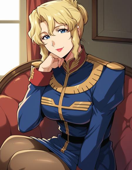 <lora:jane-contie-manga-ponyxl-lora-nochekaiser:1>, jane contie, blue eyes, blonde hair, large breasts, makeup, lipstick, mature female, folded ponytail, sidelocks, pantyhose, uniform, military, military uniform, epaulettes, high collar