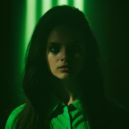 cinematic film still of  <lora:Rembrandt Lighting Style:1.2>
dramatic, cinematic, shadow, partially covered in shadow, a woman with long hair and a green shirt Rembrandt Lighting Style, 1girl, solo, long hair, looking at viewer, shirt, black hair, closed mouth, upper body, horns, black eyes, lips, portrait, realistic, green shirt, horror (theme), shallow depth of field, vignette, highly detailed, high budget, bokeh, cinemascope, moody, epic, gorgeous, film grain, grainy