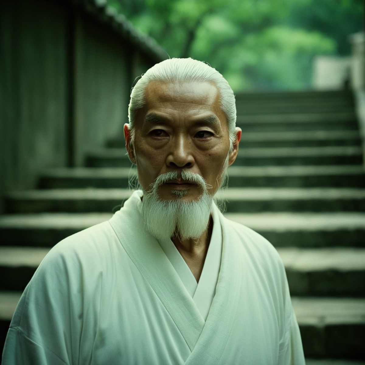 cinematic film still of  <lora:Kill Bill style:1>
Cinematic film image of Pai Mei a man with a white beard and a white rob...