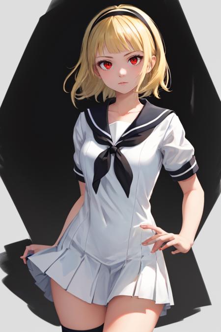 masterpiece, best quality,    <lora:OneDrakenGardV1-000080:0.8>, One, 1girl, blonde hair, red eyes, short hair, looking at viewer, standing, serafuku, skirt, black hairband, cowboy shot