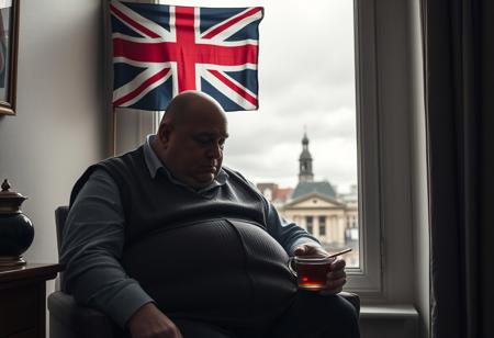 farewell from the UK, Union Jack Flag limp and pathetic hangs on the wall, a fat bald man sits and stares sadly at a half-empty cup of tea, he's wearing a string vest, outside the window the gloomy grey sky matches his gloomy mood