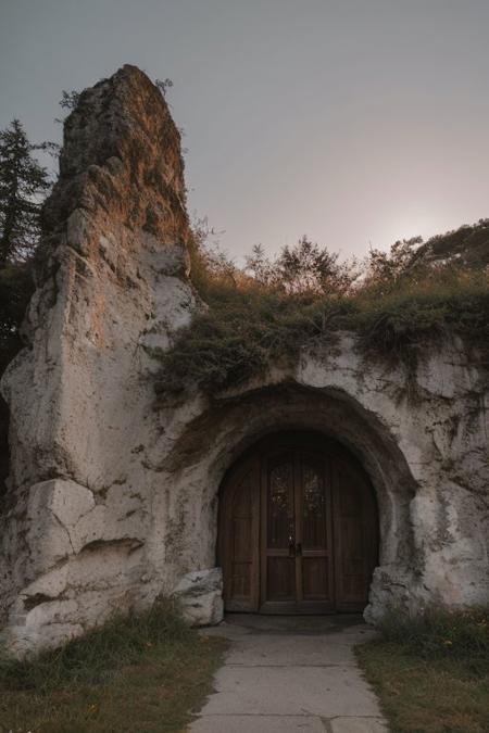 raw photo, a sunset landscape, oregon mountains, forested cliffs, cozy, photorealistic, Towering Stone gateway entry into the side of cliff, dwarven, high fantasy style, high detailed texture, 8k uhd, dslr, soft lighting, high quality, film grain, Fujifilm XT3, Sony A7 IV, highly detailed photography, (muted colors, cinematic, dim colors, soothing tones:1.2), vibrant, insanely detailed, hyperdetailed, (dark shot:1.2), (vsco:0.3), (intricate details:0.9), (hdr, hyperdetailed:1.2) (highest coherency: 1.39) (highest quality: 1.39) (rule-of-thirds) (award-winning) (masterclass) (highest resolution: 1.39)