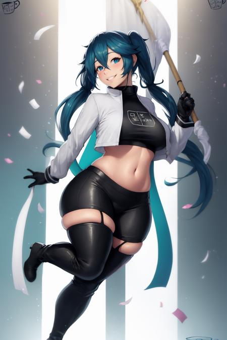 (masterpiece, best quality:1.2),  <lora:coffeeslice:.9>, coffeeslice, 1girl, long hair, solo, twintails, bodysuit, black bodysuit, very long hair, smile, thighhighs, holding, covered navel, single thighhigh, gloves, aqua eyes, crop top overhang, looking at viewer, green gloves, crop top, cropped jacket, flag, aqua hair, white jacket, jacket, long sleeves, bangs, boots, breasts, hair between eyes, confetti, pole, smiley face, thigh boots, grin, blush, blue hair, flame print, blue eyes, asymmetrical legwear, race queen, jumping, holding flag, full body, black thighhighs, black gloves, parted lips