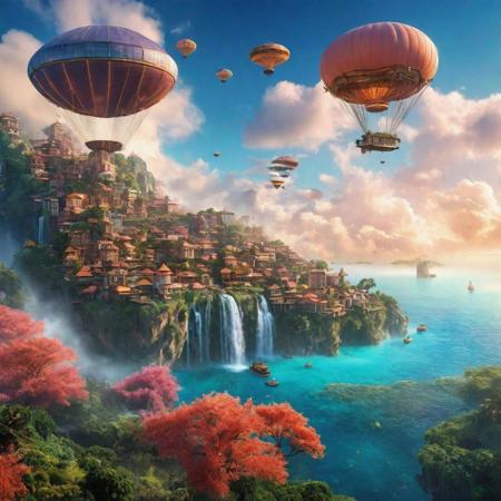 Generate an image of a city floating among the clouds, with buildings resembling coral reefs and aquatic life. Airships glide through the skies, and waterfalls cascade from floating islands, creating a fantastical blend of air and sea