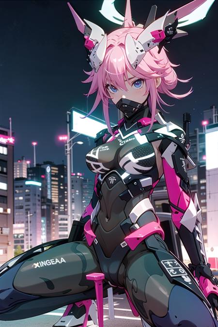 sakura neon, 1girl, solo,spread legs,armor,mask on head, cityscape,,night,tokyo \(city\), <lora:sakura_neon-000008:0.8>