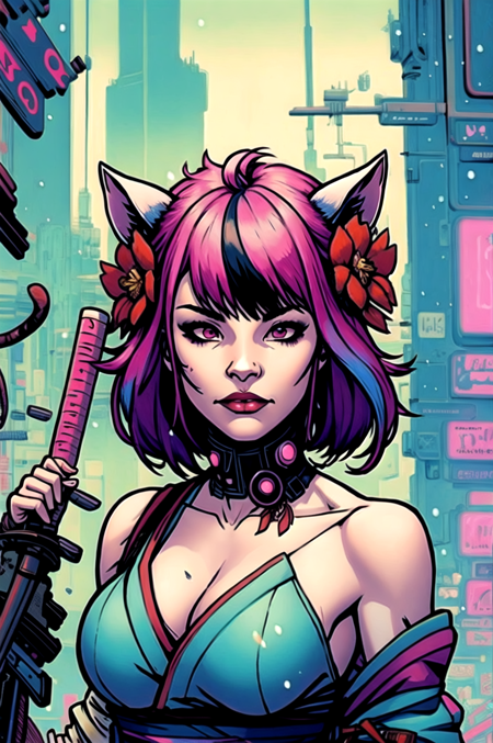 masterpiece, intricate detail,best quality, 1girl, solo, animal ears, weapon, sword, rainbow hair, multicolored hair, ((cyberpunk)), hair ornament, flower, snow, hair flower, katana, breasts, bare shoulders, japanese clothes, snowing, bangs, upper body, animal ear fluff, off shoulder, closed mouth, kimono, branch, extra ears, cleavage, detached collar, makeup, medium hair, sheath, red flower, lips, depth of field, city background, ribbon, medium breasts, sheathed, short hair, winter, purple eyes, cat ears beautiful, sexy,