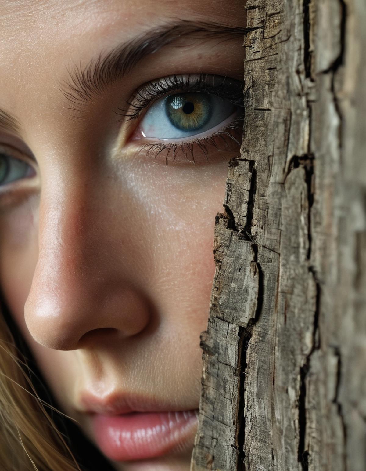 A close up of a woman's face with blue eyes and her nose against a tree bark.