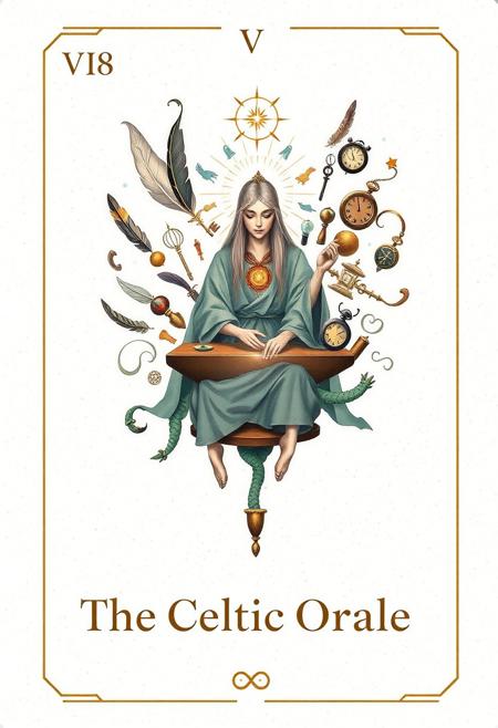 A modern tarot card with refined, clean edges and a lightly textured ivory background. At the center, an otherworldly artisan The Celtic Oracle sits at a floating anvil surrounded by drifting memory-objects: glowing feathers, keys, masks, and ticking clocks. They have a radiant third eye and wear soft, iridescent robes. Dream vapor curls from their fingers into the shape of forgotten cities. The Roman numeral “VIII” appears in the bottom left corner in subtle bronze ink. The title “The Celtic Oracle” is written in clean serif typeface in the bottom right corner. Minimal border with alchemical accents in muted metallics. Ethereal, mystical, clean tarot design, soft brushwork, high detail, painterly fantasy style.