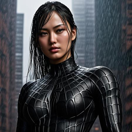 score_9, score_8_up, score_7_up, best quality, realistic, masterpiece, beautiful detail, hyperrealistic, rainy scenery, ((1girl, woman body, big breasts)), amazing detailed full body of a beautiful japanese girl, wearing a realistic and highly detailed black raimi spider-man suit, ((huge muscular girl)), professional model wears ultra - detailed black raimi spider - man suit, ultra - detailed and grained black raimi spiderman suit, suit covered entire body and hand, black spiderman gloves, wet, (full body), (dirty skin), close up, octane render, highly detailed, volumetric, dramatic lighting, (highest quality:1.1), (HDR:1.3), (top quality, best quality), realistic, high definition,
