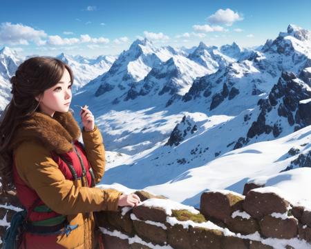 ((master piece)),best quality, illustration,  1girl, In the wilderness,High mountain,Snow-capped mountains in the distance, beautiful detailed eyes,  beautiful detailed hair,