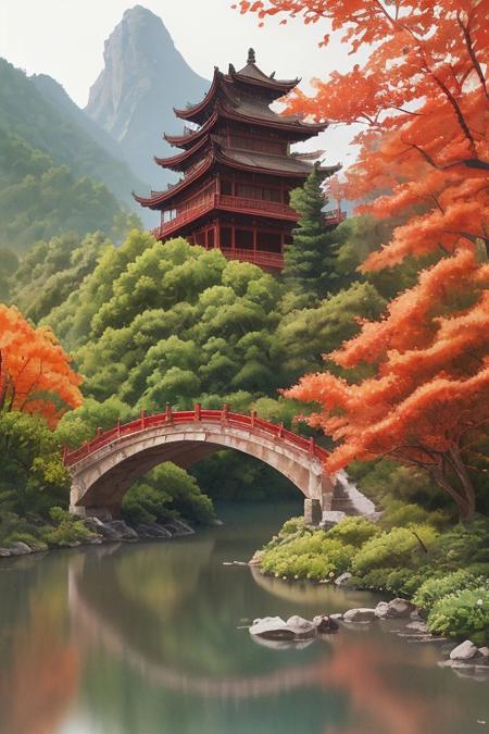 a watercolor painting depicting a serene and picturesque scene of a traditional East Asian landscape. The image features two majestic, multi-story buildings with traditional Chinese architecture, characterized by curved, tiled roofs and ornate wooden railings. These structures are situated on rocky outcrops that jut into a tranquil, reflective lake. The buildings are connected by a narrow, arched bridge that spans the lake, adding a sense of continuity and tranquility to the scene. The foreground is dominated by a large tree with vibrant red-orange leaves, creating a striking contrast against the cooler tones of the rocky landscape and the buildings. The lake is calm and mirror-like, reflecting the colors of the foliage and the architectural details of the buildings. Surrounding the lake are lush green trees and shrubs, with some trees exhibiting autumnal hues of orange and red. In the background, rugged, craggy mountains rise majestically, shrouded in a light mist, enhancing the depth and tranquility of the scene. The overall color palette is dominated by natural earth tones, with the vivid reds and oranges of the foliage adding a dynamic burst of color. The watercolor painting style is highly detailed, capturing the essence of a peaceful, ancient landscape.