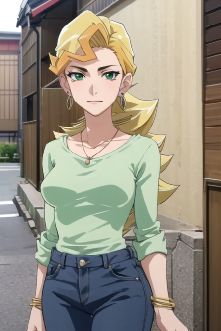 YokoSakaki, 1girl, solo, long hair, blonde hair, green shirt, jewelry, medium breasts, green eyes, earrings, denim pants, necklace, bracelet, jeans, 