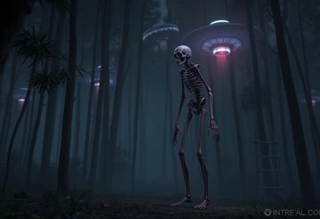 Create a high-definition, detailed full-body concept art of a fuchsia-skinned, long, limb-mutated nightmare skeleton character, inspired by Phyllis Bone and the movie Alita. The character stands still in a dark, eerie forest with UFO aliens visible in the background, reminiscent of a Blu-ray image. The atmosphere should be foreboding, with detailed shadows and a sense of tension. The style should be similar to concept art, with a smooth and detailed render suitable for Unreal Engine 5.