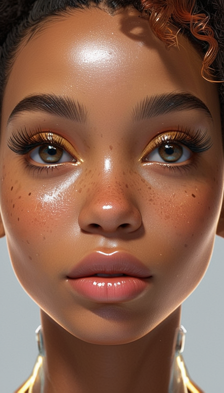 (in ARTIST style:1.4), (masterpiece:1.7),
(Gorgeous Afro-American girl face, cutest, pure skin, science fiction, transparent armour, transparent skin texture), stunning unique female character, cutest,
tan, bangs, freckles,striking striking large brown eyes filled with joy and excitement, extravagant eyelashes, long eyelashes, aligned eyes, tiny waist, perfect body,
(full transparent body:2), transparent:2, (Transparent Texture:2), perfect wavy perfect hair, (extra large lashes:2), (very detailed eyes:2),
(masterpiece:1.8), (highest detailed:1.8), (angle:1.8), perfectly lighted, (contrast), (saturated), (((sharp focus))),
(hyperdetailed:1.3), (intricate details:1.2), (Refined details:1.3), (best quality:1.5), highly detailed textures, vibrant colors,
<lora:add-detail-xl:1> (ultra sharp focus:1.8), (thin lines:1.8), (best quality:1.8),
(masterpiece:1.8), (highest detailed:1.8), (angle:1.8), perfectly lighted, (contrast), (saturated), (((sharp focus))), (hyperdetailed:1.3), (intricate details:1.2), (Refined details:1.3),
(best quality:1.5), highly detailed transparent textures, transparent vibrant colors, (finely detailed beautiful eyes and detailed face),extremely detailed CG unity 8k wallpaper,
(masterpiece:1.8), (highest detailed:1.8), (angle:1.8), perfectly bright  lighted, (contrast), (saturated), (((sharp focus))), (hyperdetailed:1.3), (intricate details:1.2), (Refined details:1.3),
(best quality:1.5), highly detailed textures, vibrant colors,
<lora:Someplastic:0.7>,
(ultra sharp focus:1.8), (detailed skin:1.8), (thin lines:1.8), (best quality:1.8),
<lora:glowneon_xl_v1:0.8>
<lora:Expressive_H:1>expressiveh,