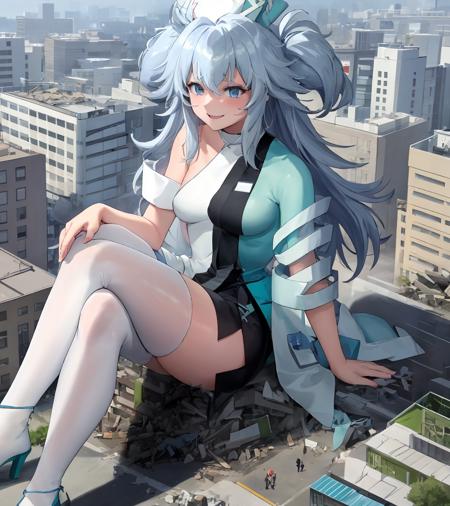 pa15, pa15florence, nurse cap, giantess, sitting on building, crossed legs, (hospital building:1.4), toy ambulance, see-through, arms on knees, evil smile, aerial view, cityscape, (destruction, collapsed buildings,:1.2), white thighhighs,  
<lora:PA15:.8> <lora:GTSv4:1> <lora:PA15Florence_Costume:.3>