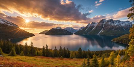 RAW photo, Norway, deep autumn, dream nature, primeval wild, picturesque forest, bright clouds, beautiful sky, sun, epic landscape, spring lake, colorful scenery, desolate atmosphere, realistic, masterpiece, 8k resolution, ultra detailed, vivid colors, high quality,