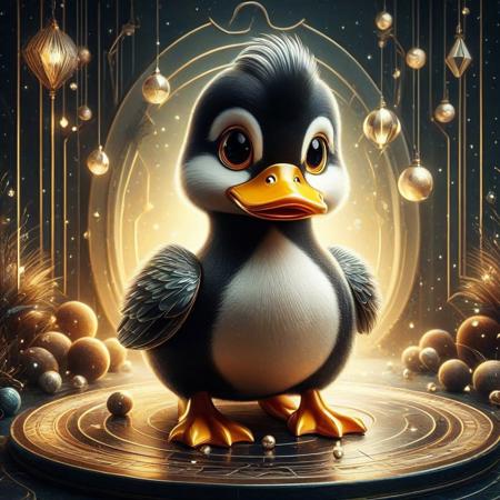 digital painting of a modern edge cute duck entirely made of retro sophistication texture, whimsical and magical atmosphere, soft lighting, highly detailed and stylized, concept art for a vintage charm-themed universe