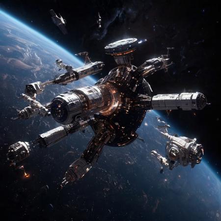 Design a breathtaking scene set in the vastness of space, where a futuristic spaceship is gracefully docking with a massive space station. Imagine this spacecraft as a marvel of human engineering, with sleek lines, glowing accents, and an array of advanced technologies on display. The space station, a towering structure with intricate details and multiple docking ports, serves as a bustling hub of interstellar activity.

As the spaceship aligns perfectly with the docking bay, highlight the intricate dance of mechanical arms and magnetic locks securing the two structures together. Add a dramatic touch with a vibrant nebula glowing in the background, its vivid colors contrasting the dark void of space. Enhance the sense of depth and movement with stars streaking across the scene, creating a captivating starfield.

Include subtle lighting effects to showcase the reflective surfaces of the spaceship and space station, emphasizing their metallic sheen. Perhaps add a few smaller vessels or spacewalkers nearby, providing a sense of scale and additional visual interest. The overall composition should evoke a sense of wonder, showcasing the beauty and excitement of space exploration and the potential of human ingenuity in the future.
