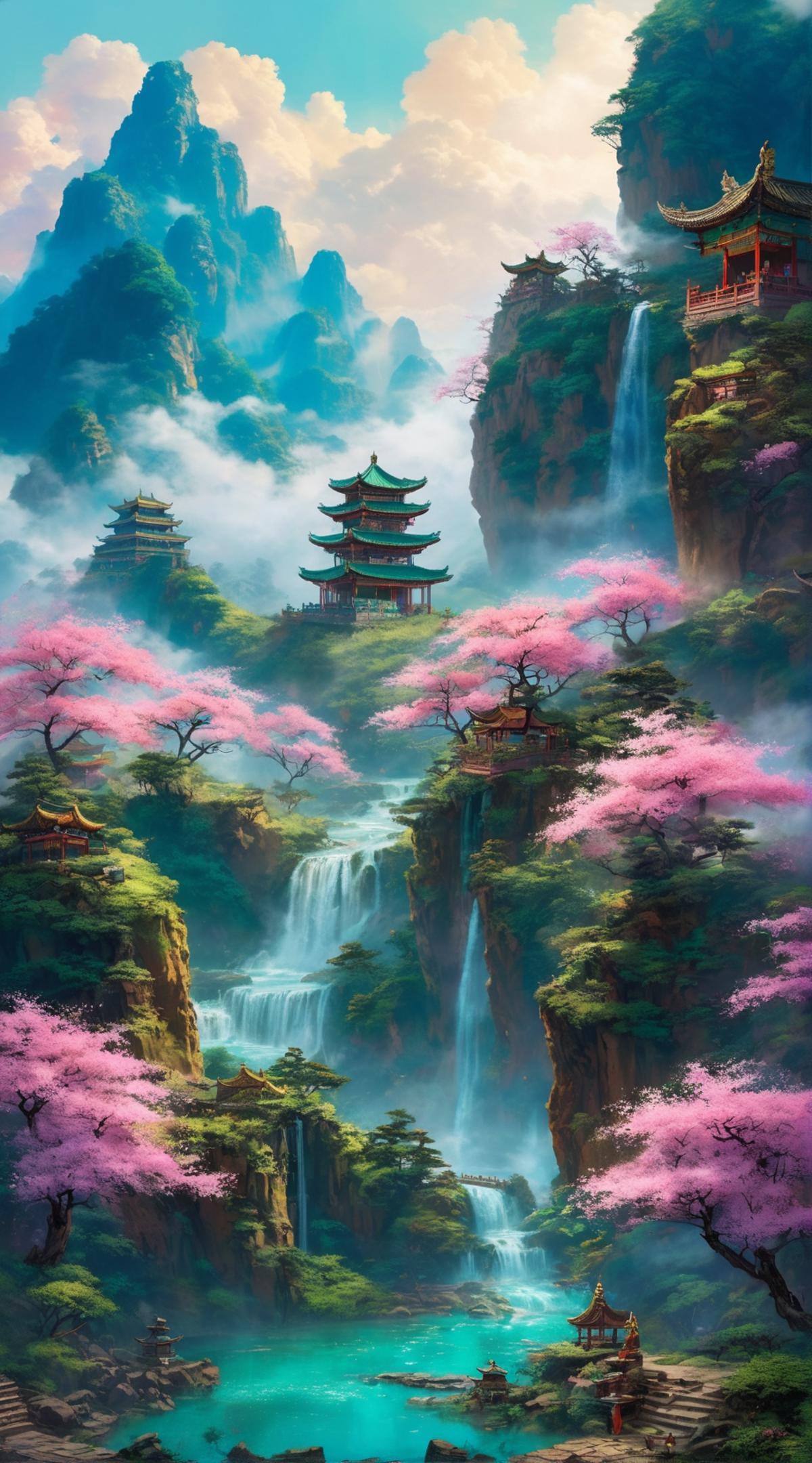 Ancient Temple with Waterfall and Pink Cherry Blossoms in the Background