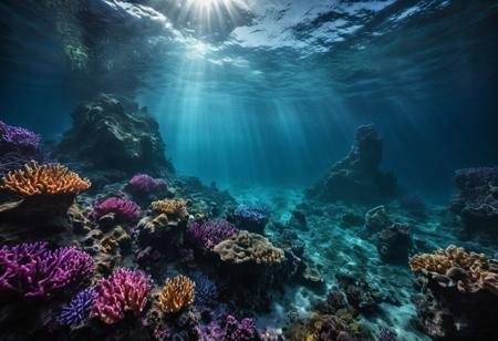 ningen, mythical underwater landscape, ocean, vivid dark colors, high res