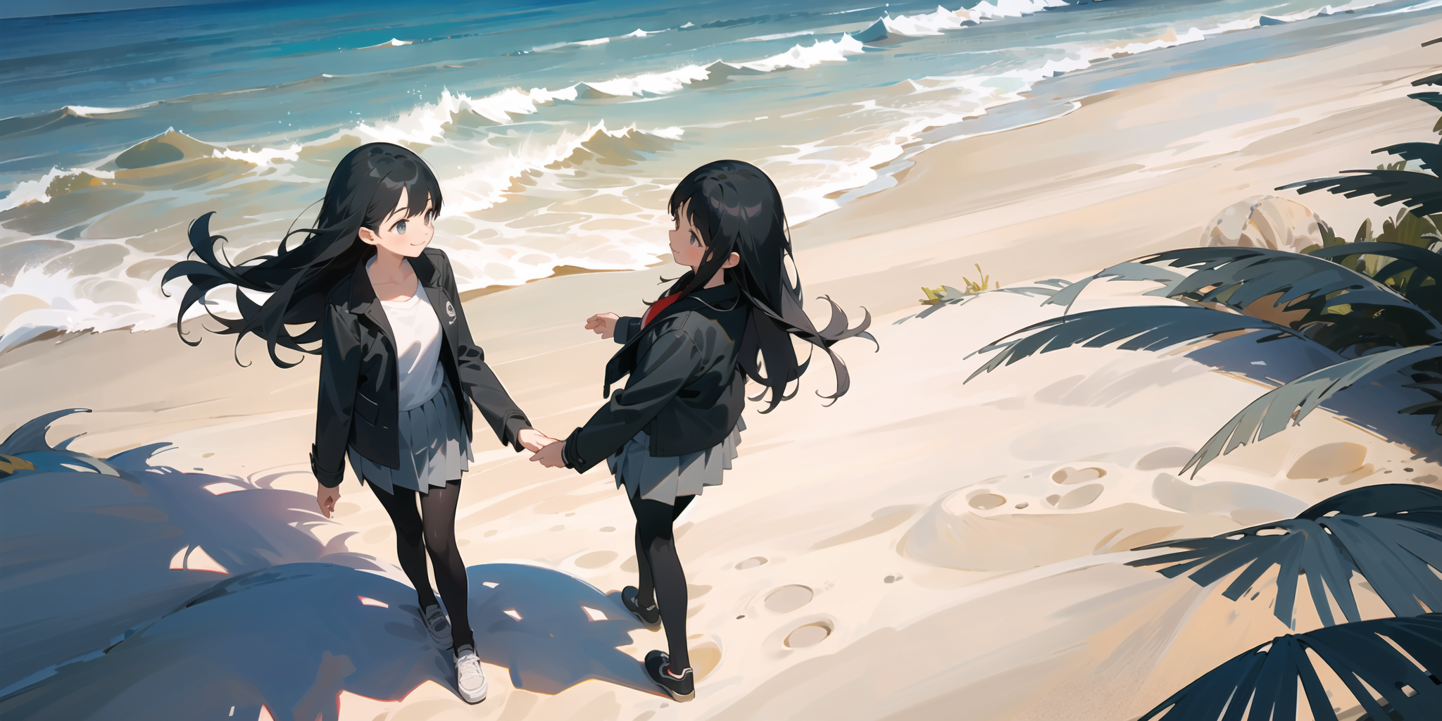 (masterpiece, best quality), (from above:1.4), 2girls walking along a beach together, multiple girls,sun light, long hair,...