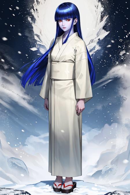 masterpiece, best quality, snow, full body, standing
<lora:zs_YukiJyorou:1> yukijyorousmt, kimono, long hair, blunt bangs, blue hair, red eyes, colored skin, blue skin