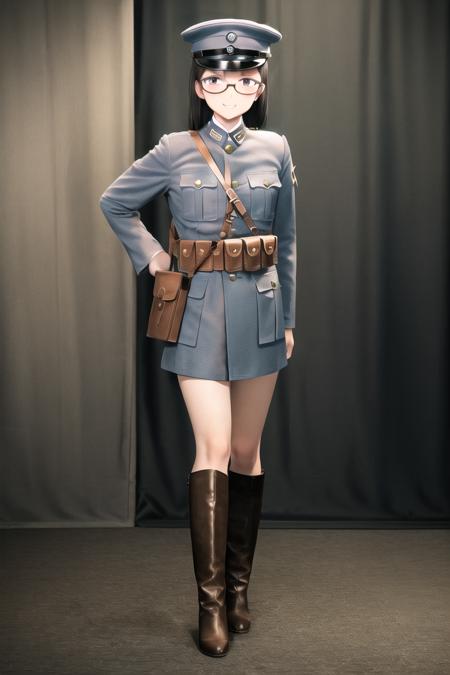 masterpiece, best quality, absurdres, high resolution, extremely detailed, 1girl, solo,   <lora:NRAuniformv0:0.6> ,NRA1926,peaked cap, cap badge,light blue uniform,leather belt pouch, black long boots,NRA officer,  black long hair, blunt bangs, hime cut,  smile,  glasses, <lora:shimadaFumikaneStyle_v2:1>